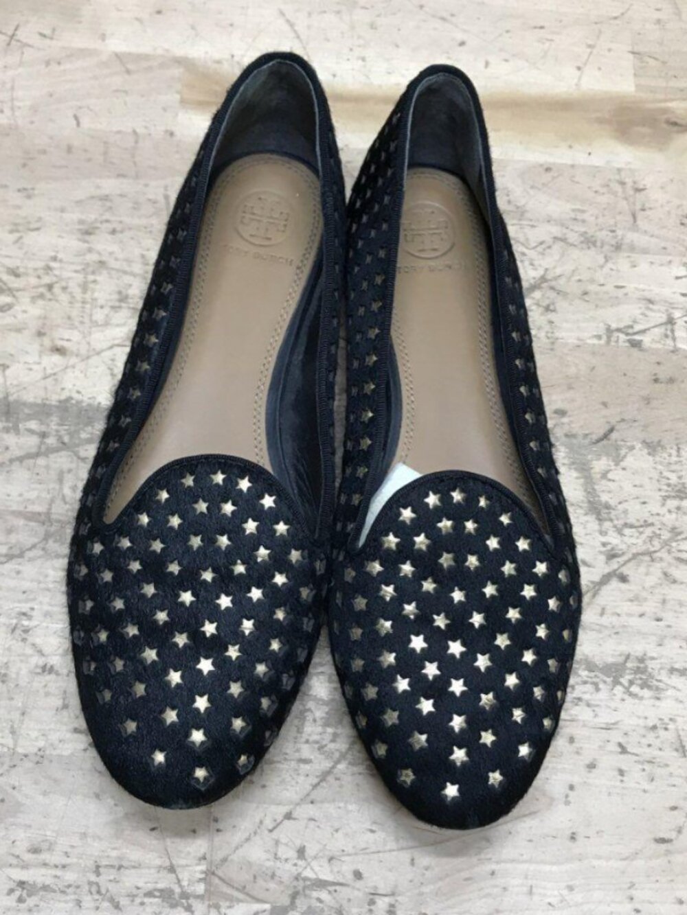 Tory Burch Star Calf Hair Smoking Slipper Loafers Black Gold 8.5M